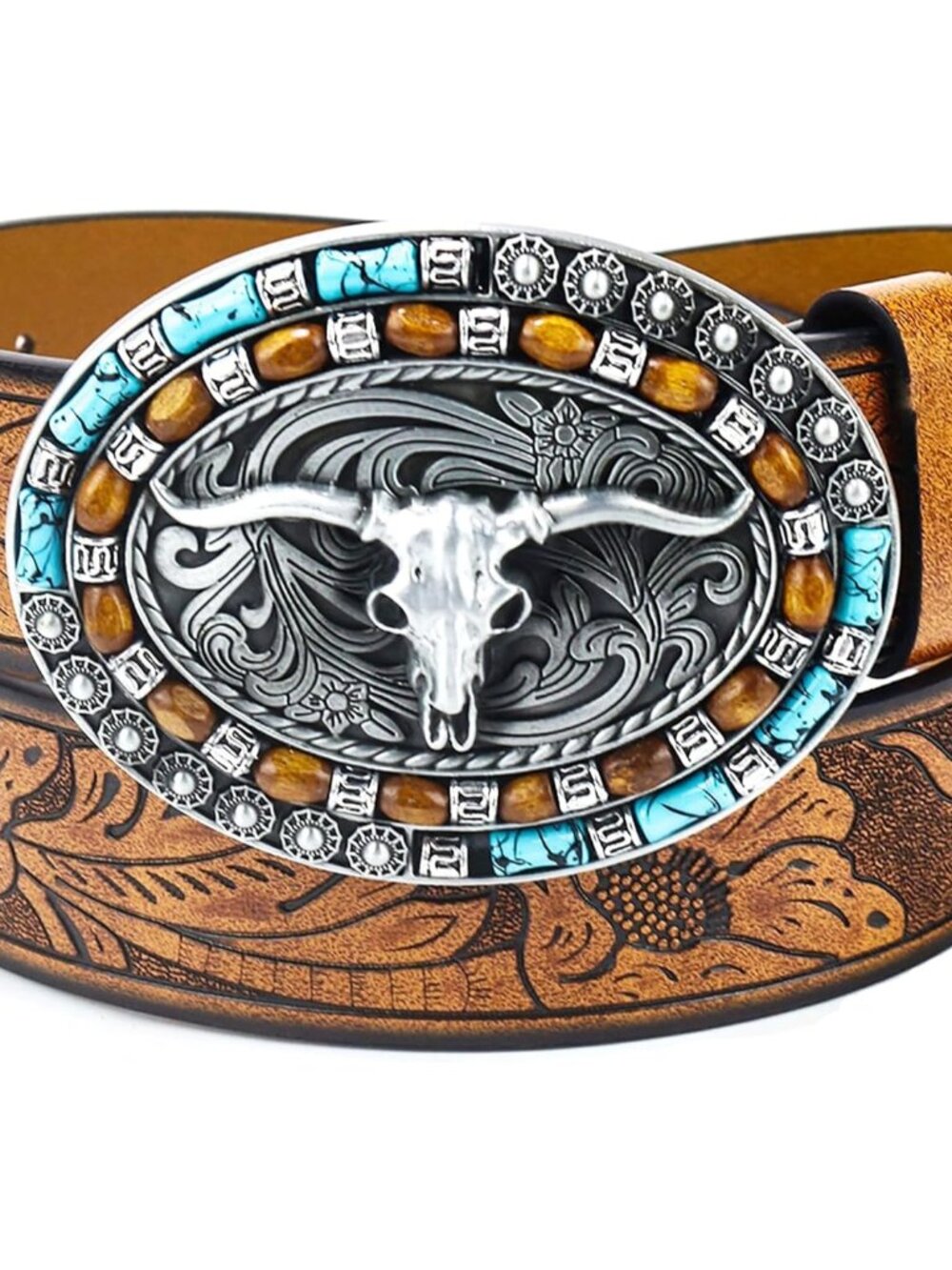 Women's Brown Western Pu Leather Longhorn Bull Turquoise Embossed Buckle Belt - Picture 1 of 7